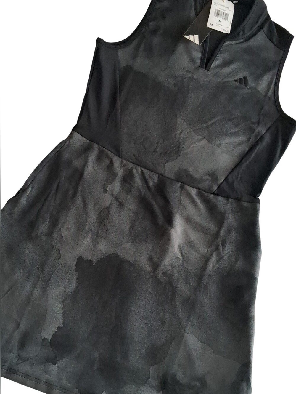 Womens Adidas Sporty Sleeveless Black Watercolor-Print A-Line Dress NWT
